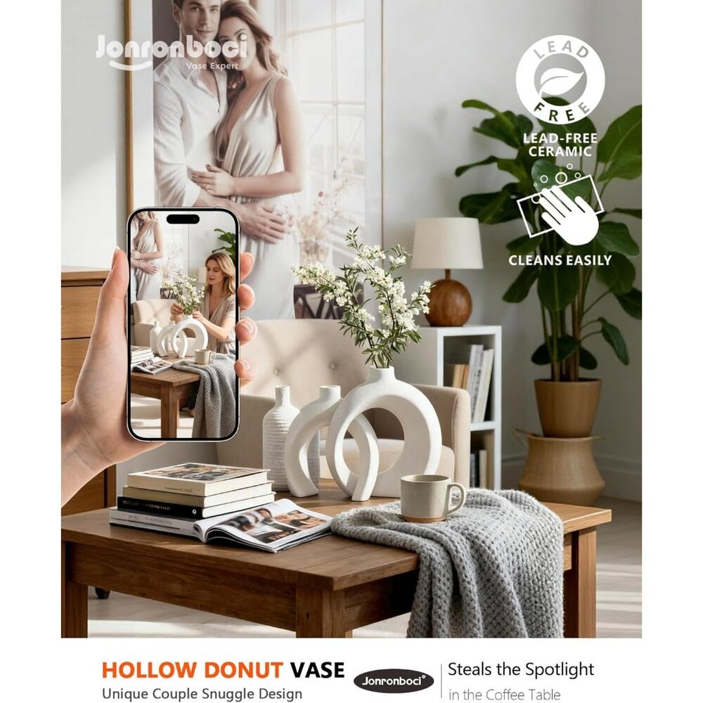 7.2″Hx8.9″H Donut Shape Decorative Vase Set of 2 Ceramic Modern Minimalism Style - Picture 3 of 6